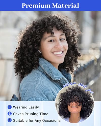 Marshey Afro Curly Wigs with Bangs for Black Women Kinky Curly Synthetic Hair Heat Resistant 12 Inch Short Ginger Wig for Daily Party (Black)