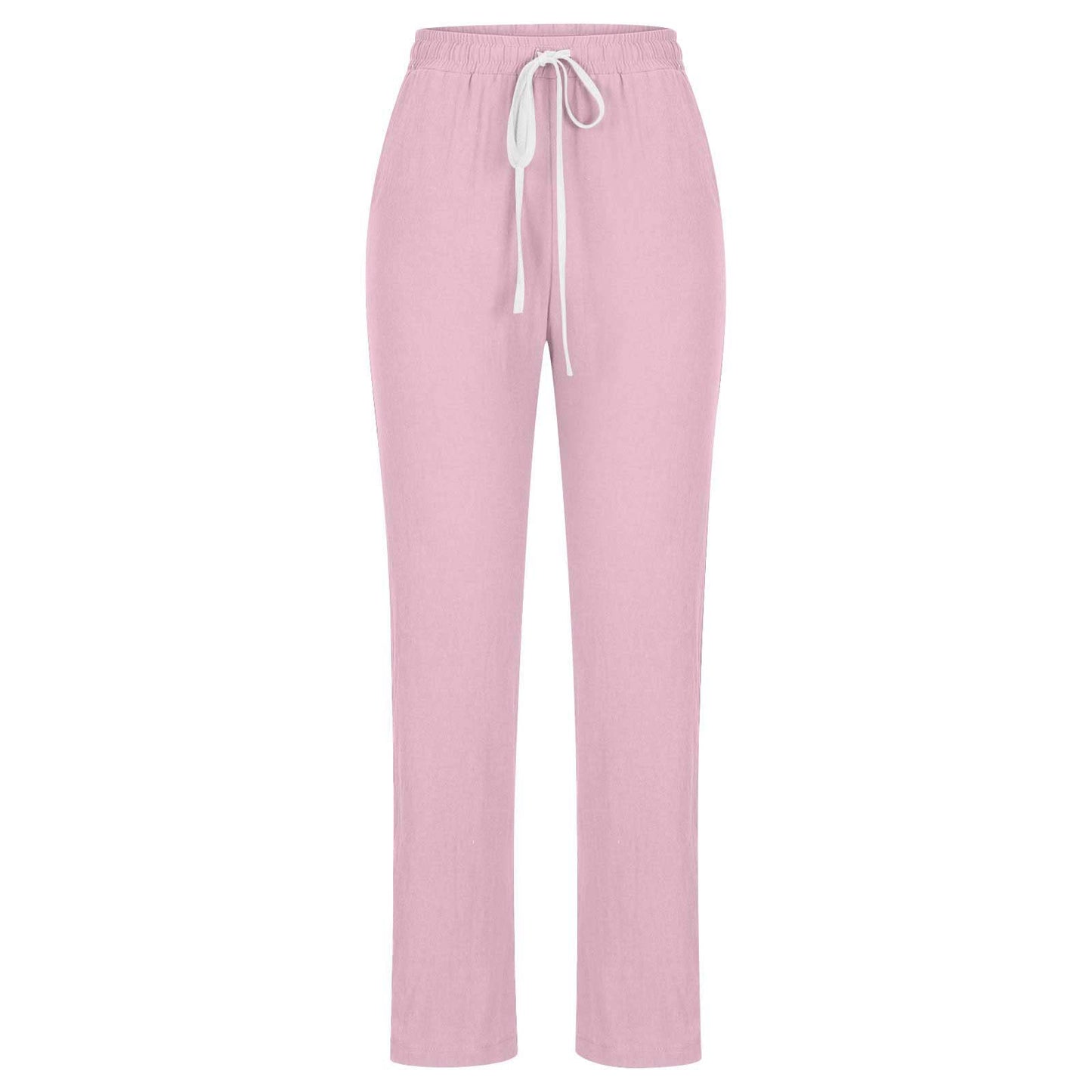 2024 Linen Pants Women Straight Leg Pants Summer Casual Drawstring High Waisted Cotton Loose Trousers with Pockets Pink