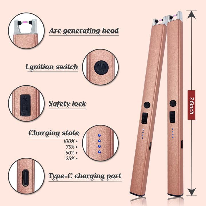 2 PCS Candle Lighter,Windproof Flameless Electric Lighter with LED Power Display ＆ Safety Switch, Upgraded Plasma USB Rechargeable Lighter for Birthday Camping BBQ (Rose Gold)