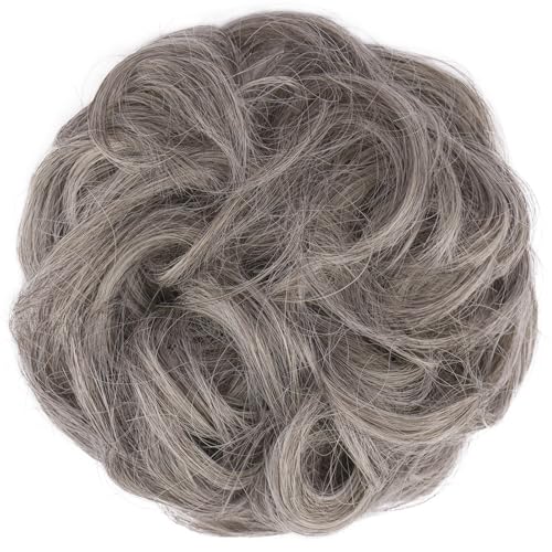 FESHFEN Messy Bun Hair Piece - Large Wavy Curly Elastic Hair Bun Scrunchies Ponytail Extensions Synthetic Chignon Hairpieces for Women, Salt and Pepper 1.94oz
