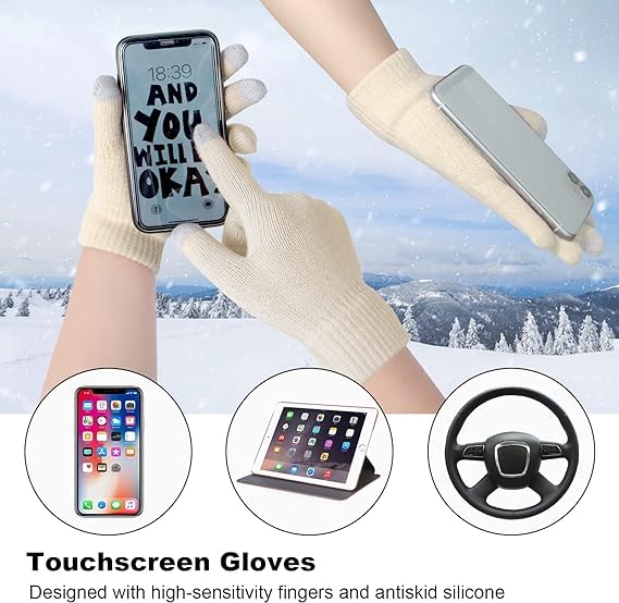 3 Pcs Winter Hat Scarf and Gloves Set for Women, Warm Knit Fleece Lined Beanies Neck Warmer Touchscreen Gloves, Stripe 02- Beige
