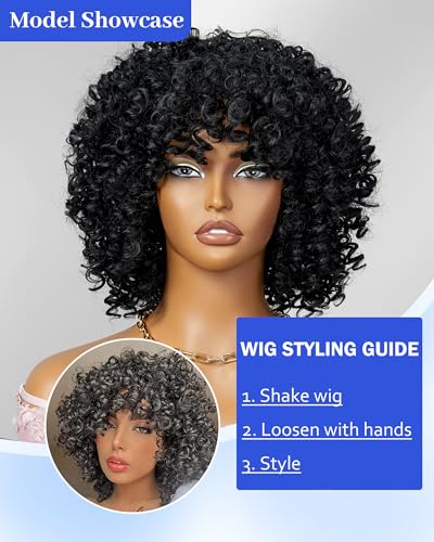 Marshey Afro Curly Wigs with Bangs for Black Women Kinky Curly Synthetic Hair Heat Resistant 12 Inch Short Ginger Wig for Daily Party (Black)