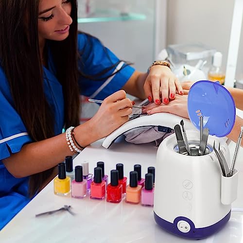 GoLashFun Nail Tool Sterilizer Machine,High Temperature Sterilization Nail Tool Cleaning Pot for Manicure Nail Salon Nipper Hair Cutting Scissors Cleaning Equipment (Blue with Storage Container)