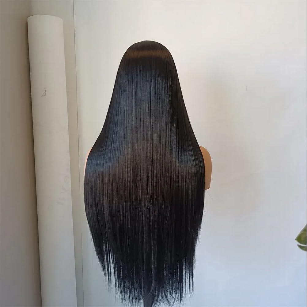 MSMYRNS Long Straight HD Lace Wig Middle Parting Synthetic Wigs 1B Black Color For Women Girls Party Cosplay Costume Wig Halloween Hair 26 Inch