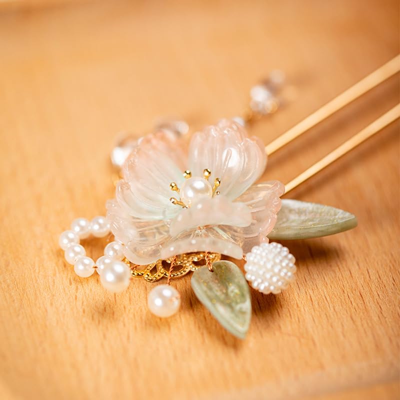 Rabithenn Rainbow Pink Chrysanthemum Pearl Tassels Chinese Hanfu Metal Handmade Hair Clip Hair Accessories for Women Girls Long Hair (Rainbow Flower)