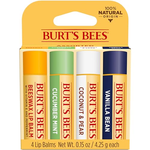 Burt's Bees Lip Balm - Beeswax, Cucumber Mint, Coconut & Pear, and Vanilla Bean Pack, With Responsibly Sourced Beeswax, Tint-Free, Natural Origin Lip Treatment, 4 Tubes, 0.15 oz.