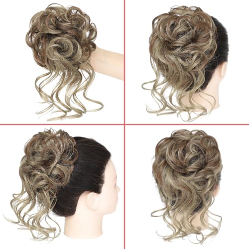 KETHBE Messy Bun Hair Piece Tousled Updo Hair Buns Extension Elastic Hair Band Hair Pieces Curly Hair Bun Scrunchie For Women (Taupe Brown Mix Dark Ash Blonde)