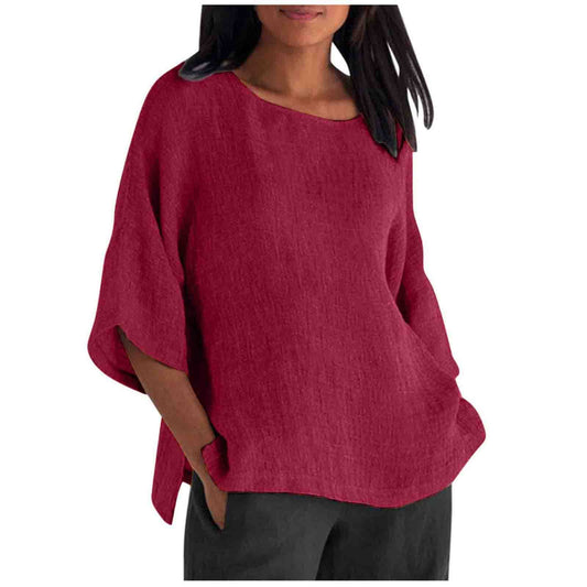 3/4 Length Sleeve Womens Tops Plus Size Linen Shirts Crew Neck Plain Summer Blouses Split Oversized T Shirts Lightweight Loose Fit Three Quarter Length Tunic Tops Women's Plus Size Tops Wine