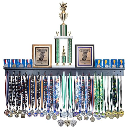 46.5"- Medal Awards Rack- The Largest Trophy Shelf and Medal Hanger Display - Multi-Sport Trophy and Medal Holder for Medal Display, Plaques, Pictures, Trophies, and More Solid Wood