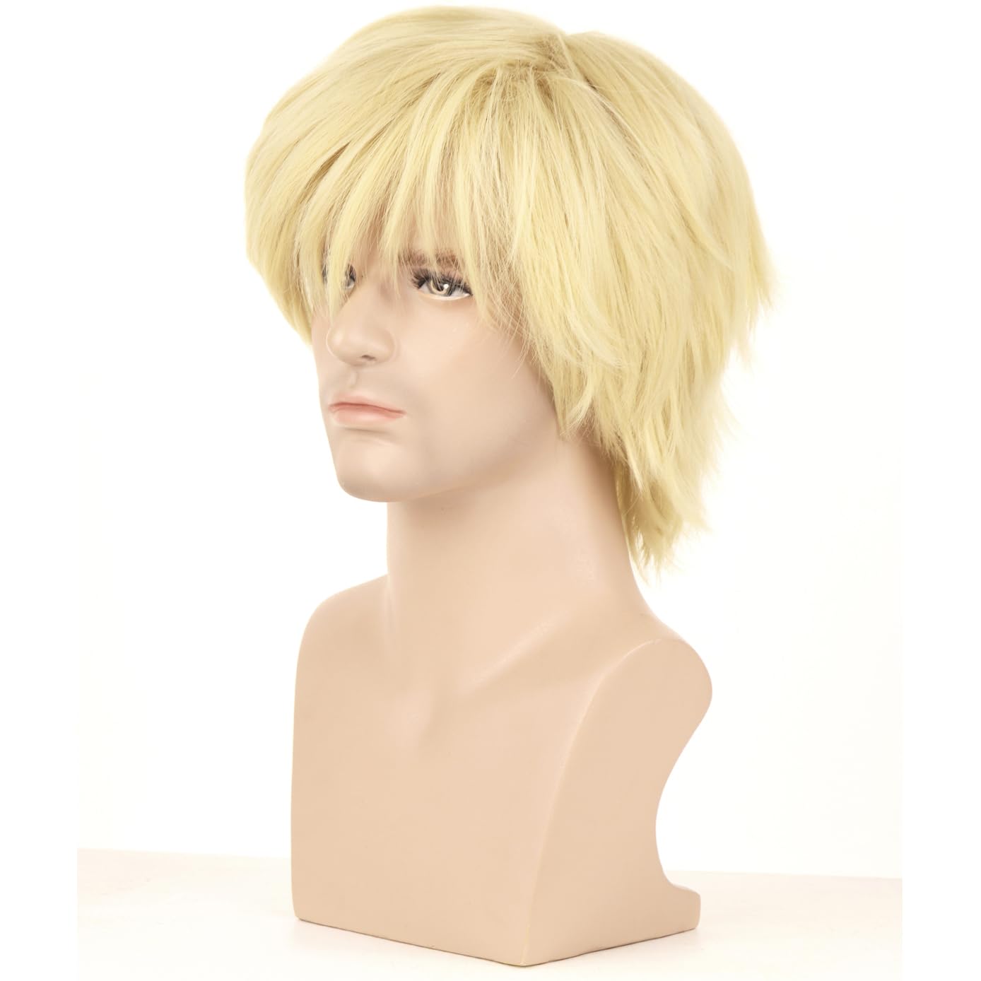 BERON Blonde Men Wigs for Boys with Bangs 12'' Short Synthetic Wig for Halloween Cosplay Party Wigs with Wig Cap