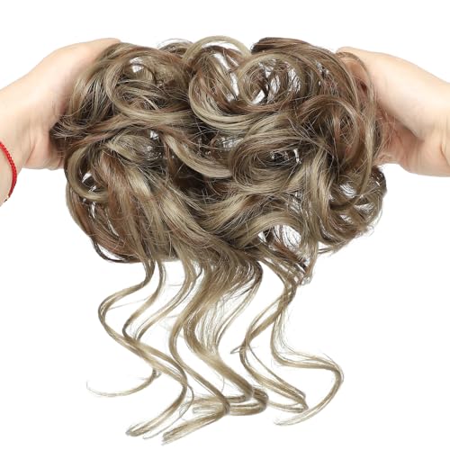 KETHBE Messy Bun Hair Piece Tousled Updo Hair Buns Extension Elastic Hair Band Hair Pieces Curly Hair Bun Scrunchie For Women (Taupe Brown Mix Dark Ash Blonde)