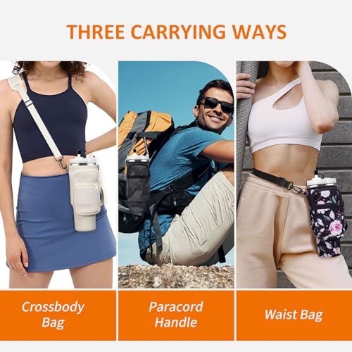 AceTreker Water Bottle Carrier Bag for Stanley 30/40oz Tumbler with Handle Simple Modern Sleeve Holder with Strap & 2 Pockets Neoprene Metal Travel Coffee Mug Carrying Accessories-Black