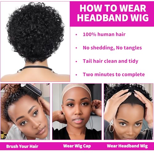 Headband Wig Human Hair Pixie Cut wig Human Hair Wigs For Black Women 1B 6 Inch Curly Wigs For Black Women Black Curly Wig Short Black Wigs For Women Glueless Wig Cheap Short Curly Human Hair Wigs