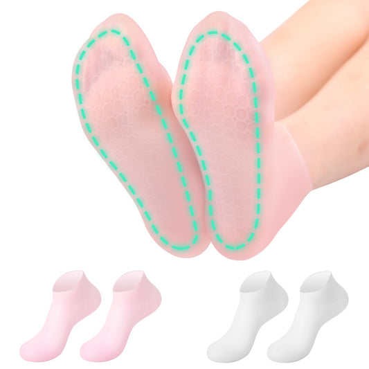 2Pairs Silicone Socks for Dry Cracked Feet Women,Non-Slip Moisturizing Foot Mask Exfoliating Socks,Gel/Aloe Vera SPA Repair Socks,Post Pedicure Heel Cracking & Softening Foot Treatment - Pink + White