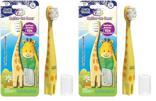 GuruNanda Kids Butter On Gums Cute Giraffe Toothbrush with Tongue Scraper & Cover - Super Soft Bristles for Gentle Cleaning -Ergonomic Handle (Age 1+) (Pack of 2)