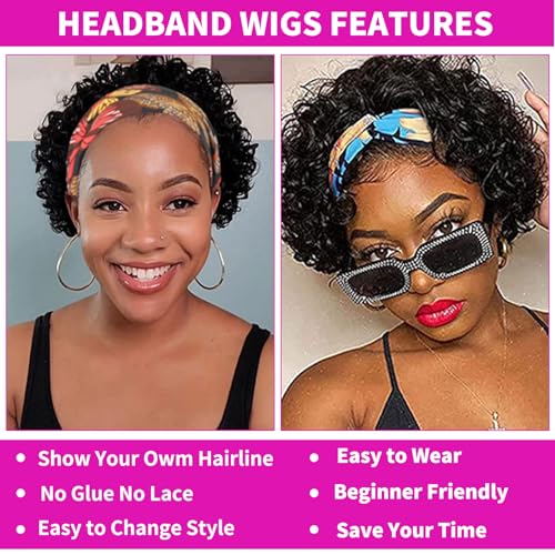 Headband Wig Human Hair Pixie Cut wig Human Hair Wigs For Black Women 1B 6 Inch Curly Wigs For Black Women Black Curly Wig Short Black Wigs For Women Glueless Wig Cheap Short Curly Human Hair Wigs