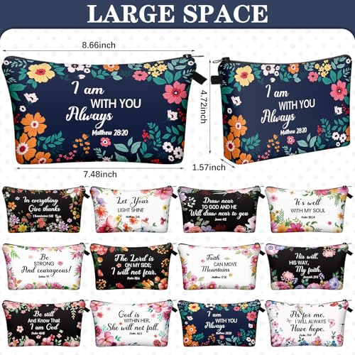 Chunful 12 Pcs Inspirational Christian Bags Bulk for Women Bible Verse Cosmetic Bag Pencil Pouch Gift Zippered Flower Organizer Journaling Supplies, 7.48 x 4.72 Inch(Elegant)