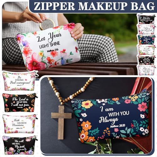 Chunful 12 Pcs Inspirational Christian Bags Bulk for Women Bible Verse Cosmetic Bag Pencil Pouch Gift Zippered Flower Organizer Journaling Supplies, 7.48 x 4.72 Inch(Elegant)