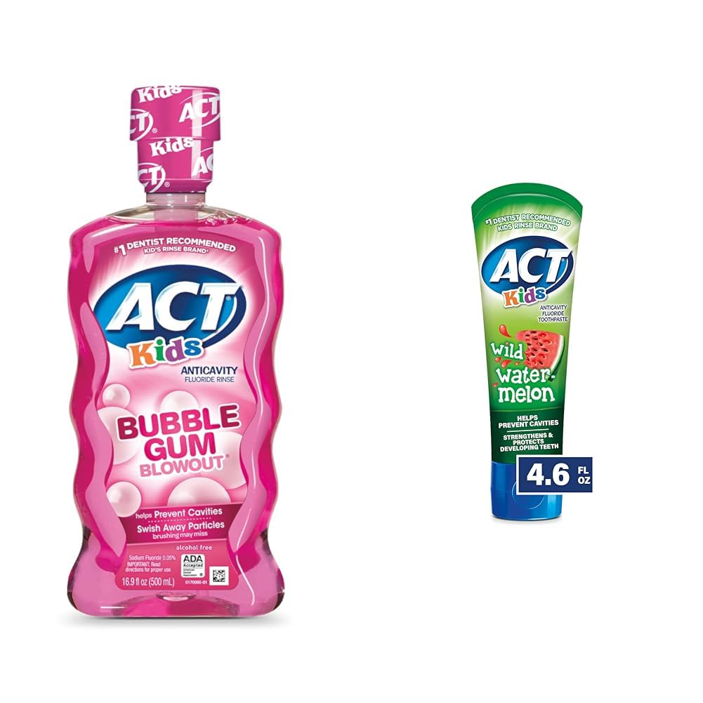 ACT Kids Anticavity Fluoride Rinse Bubble Gum 16.9oz & Toothpaste Wild Watermelon 4.6oz