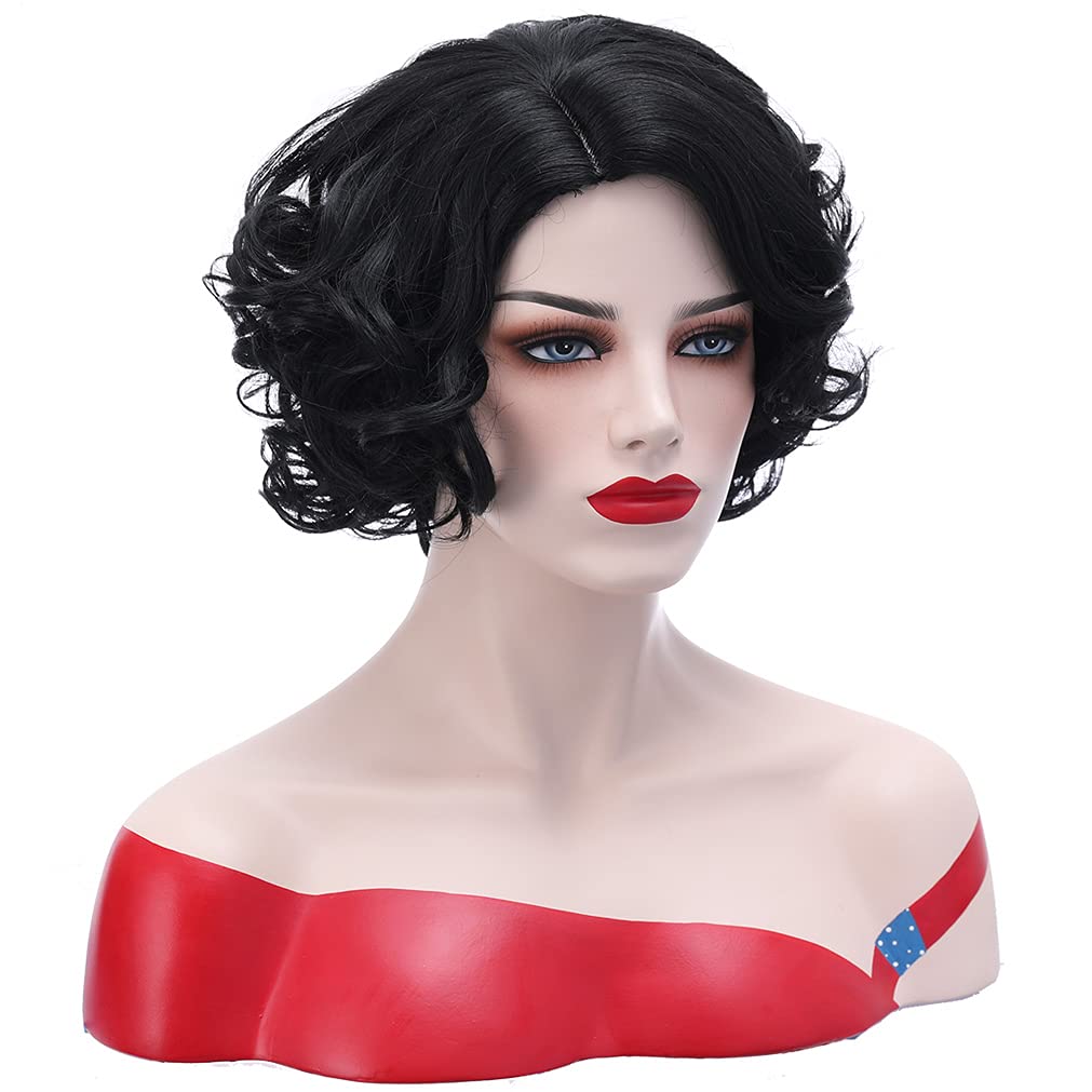 BERON Black Wig Short Curly Black Wig Natural Wavy Wig Black 1920s Wig for Women Cosplay Costume Party Come with Wig Cap (Black)