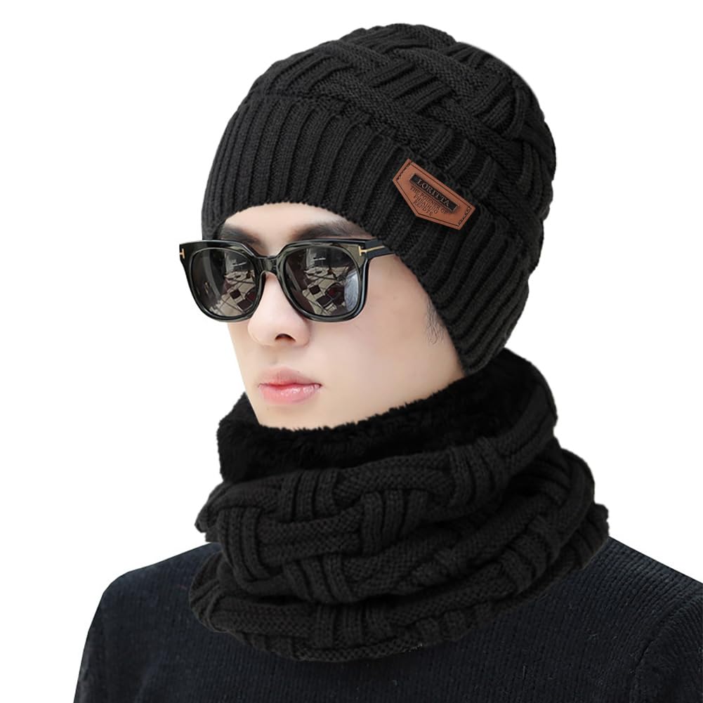 3-Pieces Winter Beanie Hat Scarf and Touch Screen Gloves Set Warm Knit Skull Cap for Men Women, Black(Hat Scarf Gloves)