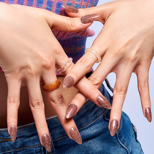 GLAMERMAID Gloden Brown Press on Nails Medium Almond, Glitter Handmade Glossy Jelly Soft Gel Glue on Nails Stiletto, Shrimmer Fake Nails Short Oval, Reusable Acrylic Stick on False Nails Kit for Women