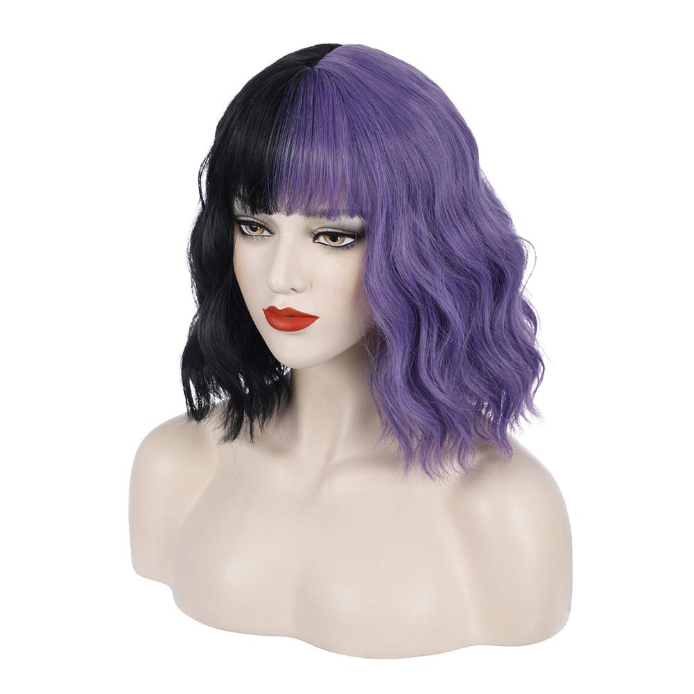 PATTNIUM Black Purple Wig Half purple Wig Short Curly Wig With Bangs Split Wig for Women Heat Resistant Synthetic Hair Cosplay Party Wig (Black and Purple)