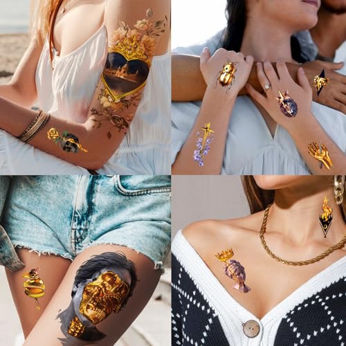 77 Sheets Temporary Tattoo, Lion Wolf Snake Skull Elephant Fake Tattoos for Adults Neck Shoulder, Bee Angel Crown Scepter Realistic Temporary Tattoos for Men Women Girls
