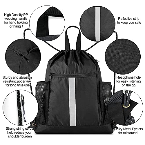 BeeGreen Moss Green Drawstring Bag Pack Sport Cinch Sack with Shoe Compartment and Two Side Mesh Pockets Heavy Duty Gym String Backpack for Unisex