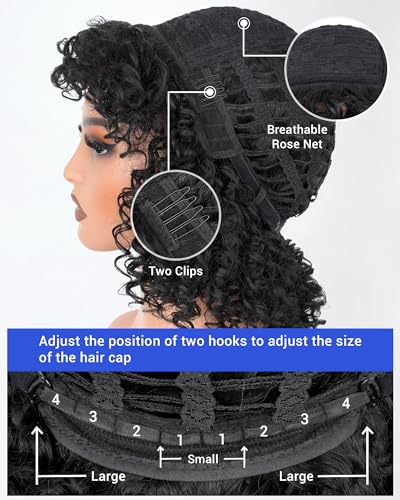 Marshey Afro Curly Wigs with Bangs for Black Women Kinky Curly Synthetic Hair Heat Resistant 12 Inch Short Ginger Wig for Daily Party (Black)