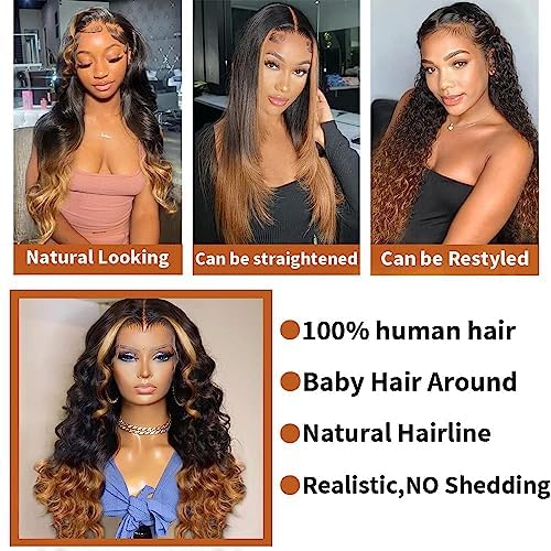 200% Density 13x6 Lace Front Wigs Human Hair Pre Plucked Body Wave HD Transparent Ombre Lace Front Wigs With Baby Hair Glueless Wigs Human Hair 13x6 Blonde Colored Human Hair Wig For Women 24 Inch
