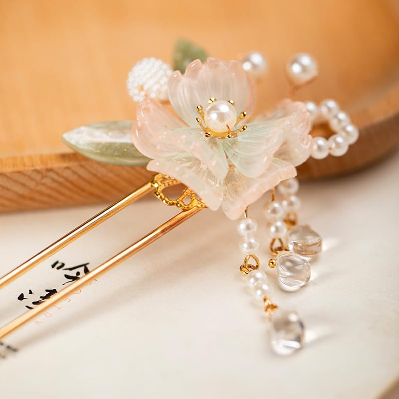 Rabithenn Rainbow Pink Chrysanthemum Pearl Tassels Chinese Hanfu Metal Handmade Hair Clip Hair Accessories for Women Girls Long Hair (Rainbow Flower)