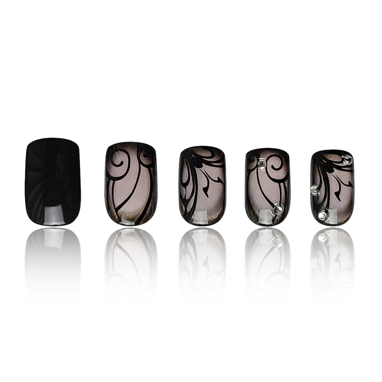Curvlife Press on Nails Acrylic Fake Nails with Design Full Cover False Nails for Women Reusable Nail Kit with Nail Glue Adhesive Tabs Nail File (Black texture, 30pcs)