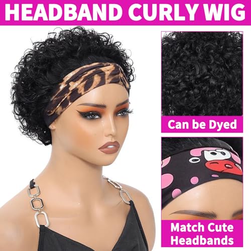 Headband Wig Human Hair Pixie Cut wig Human Hair Wigs For Black Women 1B 6 Inch Curly Wigs For Black Women Black Curly Wig Short Black Wigs For Women Glueless Wig Cheap Short Curly Human Hair Wigs