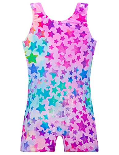Gymnastics Leotards for Girls 4t 5t Sparkly Hotpink Purple Stars Sleeveless Biketard with Shorts Workout Unitards