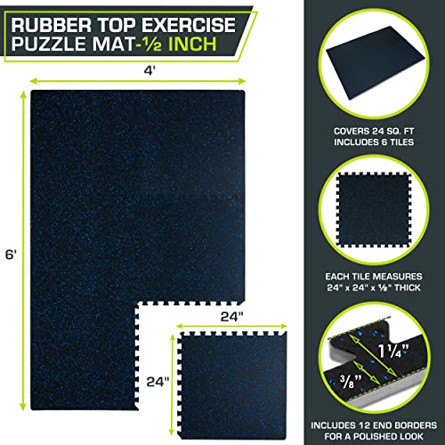 ProsourceFit Rubber Top Exercise Puzzle Mat ½-inch, 24 SQFT, 6 Tiles, EVA Foam Interlocking Tiles for Home Gym Protective Flooring for Equipment and Workouts, Blue