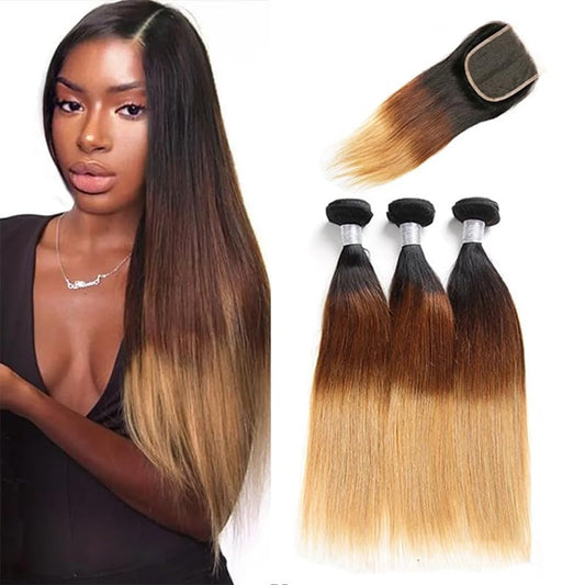 10A Ombre Hair Straight Hair 3 Bundles (121416+10) Human Hair Weaves Extensions 100% Virgin human hair straight bundles with 4X4 Lace Closure