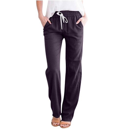 2024 Linen Pants Women Straight Leg Pants Summer Casual Drawstring High Waisted Cotton Loose Trousers with Pockets Purple