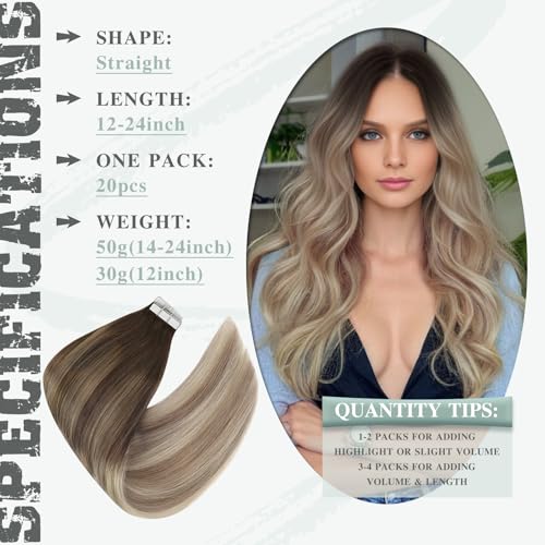 Ve Sunny Brown Tape in Hair Extensions Cool Brown Fading to Ash Brown Mix Light Blonde Tape in Hair Extensions for Women Brown Hair Extensions Short Straight Remy Hair 25g 14inch