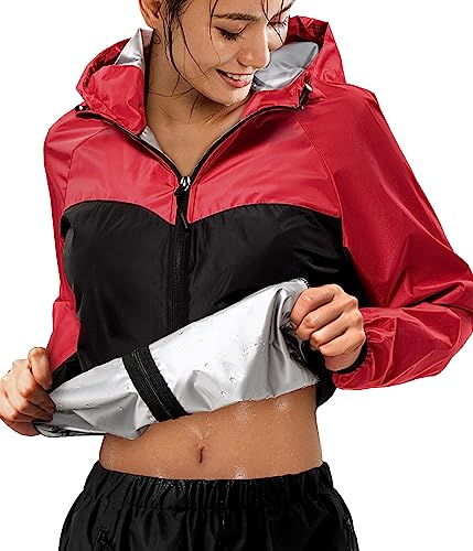 Junlan Sauna Suit for Women Sweat Jacket Gym Workout Vest Sweat Suits for Women (A.Red Jacket Only,Small)