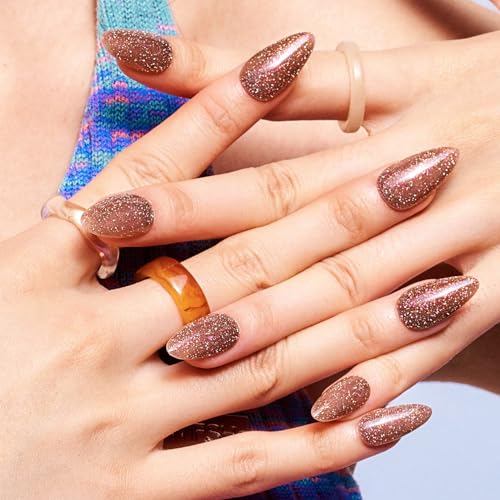 GLAMERMAID Gloden Brown Press on Nails Medium Almond, Glitter Handmade Glossy Jelly Soft Gel Glue on Nails Stiletto, Shrimmer Fake Nails Short Oval, Reusable Acrylic Stick on False Nails Kit for Women