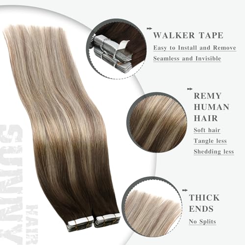 Ve Sunny Brown Tape in Hair Extensions Cool Brown Fading to Ash Brown Mix Light Blonde Tape in Hair Extensions for Women Brown Hair Extensions Short Straight Remy Hair 25g 14inch