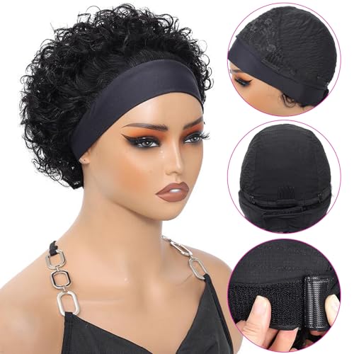 Headband Wig Human Hair Pixie Cut wig Human Hair Wigs For Black Women 1B 6 Inch Curly Wigs For Black Women Black Curly Wig Short Black Wigs For Women Glueless Wig Cheap Short Curly Human Hair Wigs