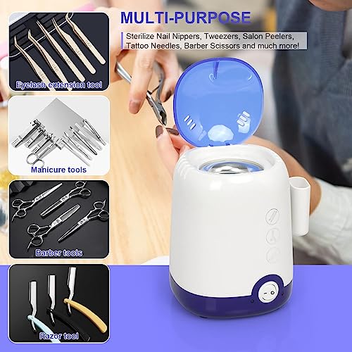 GoLashFun Nail Tool Sterilizer Machine,High Temperature Sterilization Nail Tool Cleaning Pot for Manicure Nail Salon Nipper Hair Cutting Scissors Cleaning Equipment (Blue with Storage Container)