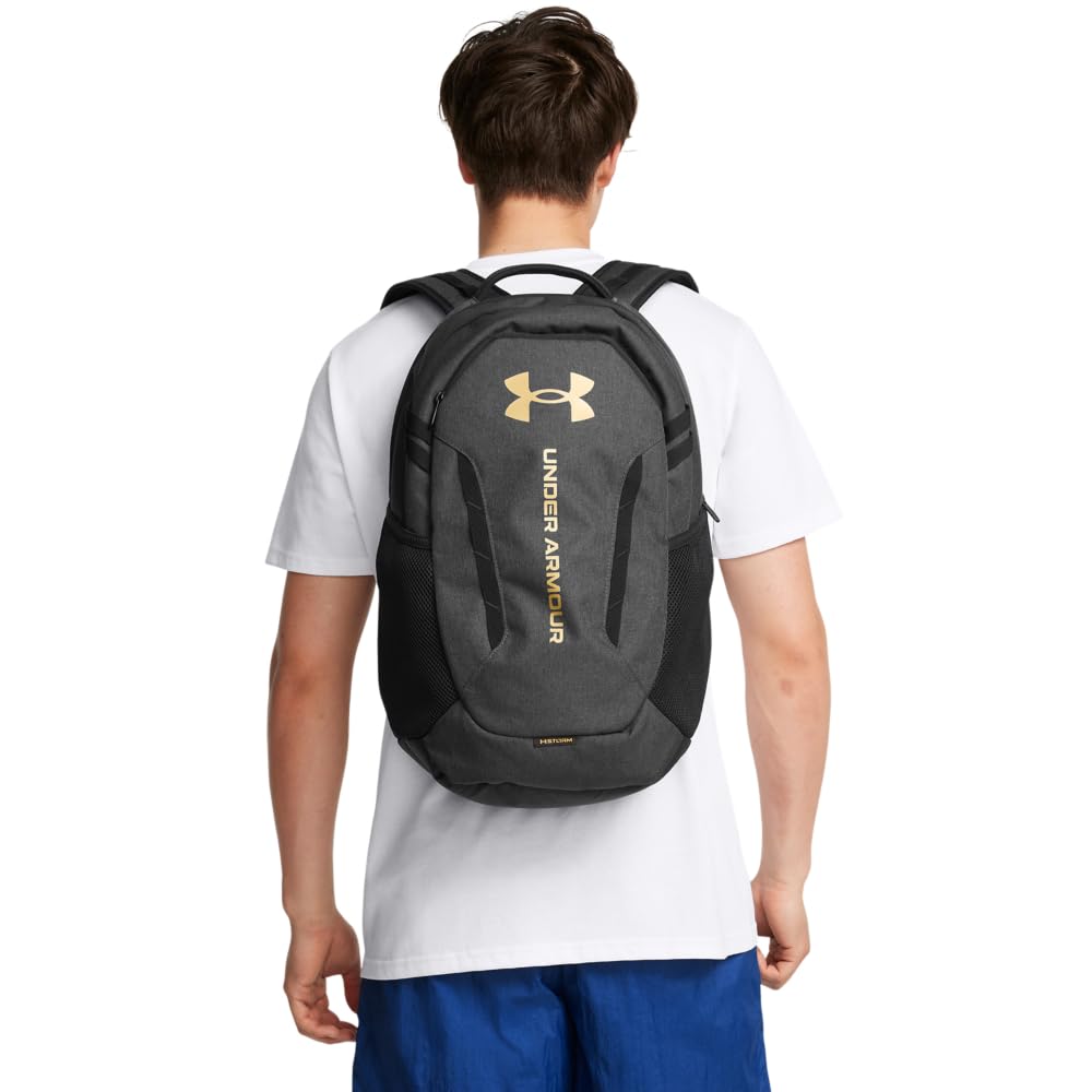 Under Armour Unisex-Adult Hustle 6.0 Backpack, (005) Black Full Heather/Black/Metallic Gold, One Size Fits Most