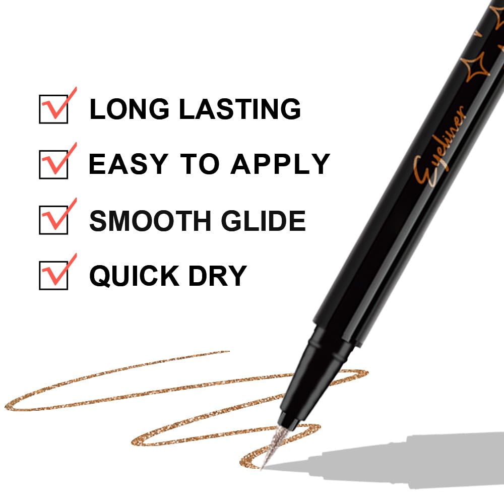 evpct 1Pcs Bronze Glitter Glittering Diamond Shimmer Liquid Eyeliner Eye Makeup Pencil Set, Sparkle Shimmer Colored Eyeliner Pen Waterproof Smudge Proof Long Lasting High Pigmented 03#