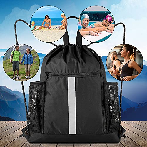 BeeGreen Moss Green Drawstring Bag Pack Sport Cinch Sack with Shoe Compartment and Two Side Mesh Pockets Heavy Duty Gym String Backpack for Unisex