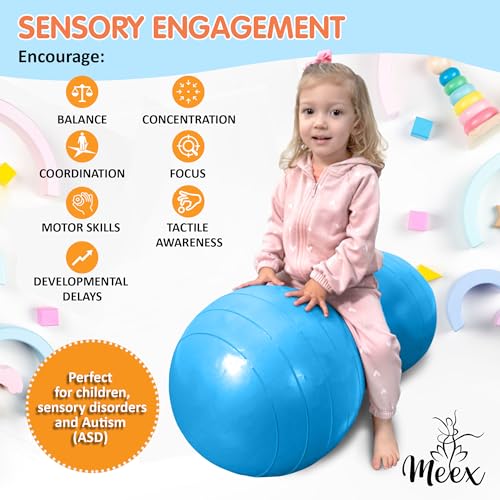 Meex Sensory Peanut Ball for Kids Therapy and Exercise - Enhance Balance, Motor Skills and Physical Therapy Calming Development with Our Yoga Ball - Flexible Seating for Autistic Children - Blue