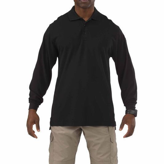 5.11 Tactical Professional Long Sleeve Polo Shirt, Cotton Pique Knit, Reinforced Seams, Black, 3X-Large, Style 42056