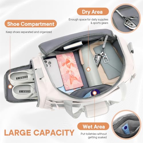 Gym Duffle Bag for Women - JELUTAR Small Carry on Travel Tote Bags Weekender Bags for Personal Item/Sports Gear with Shoe Compartment&Wetproof Pocket (Beige)